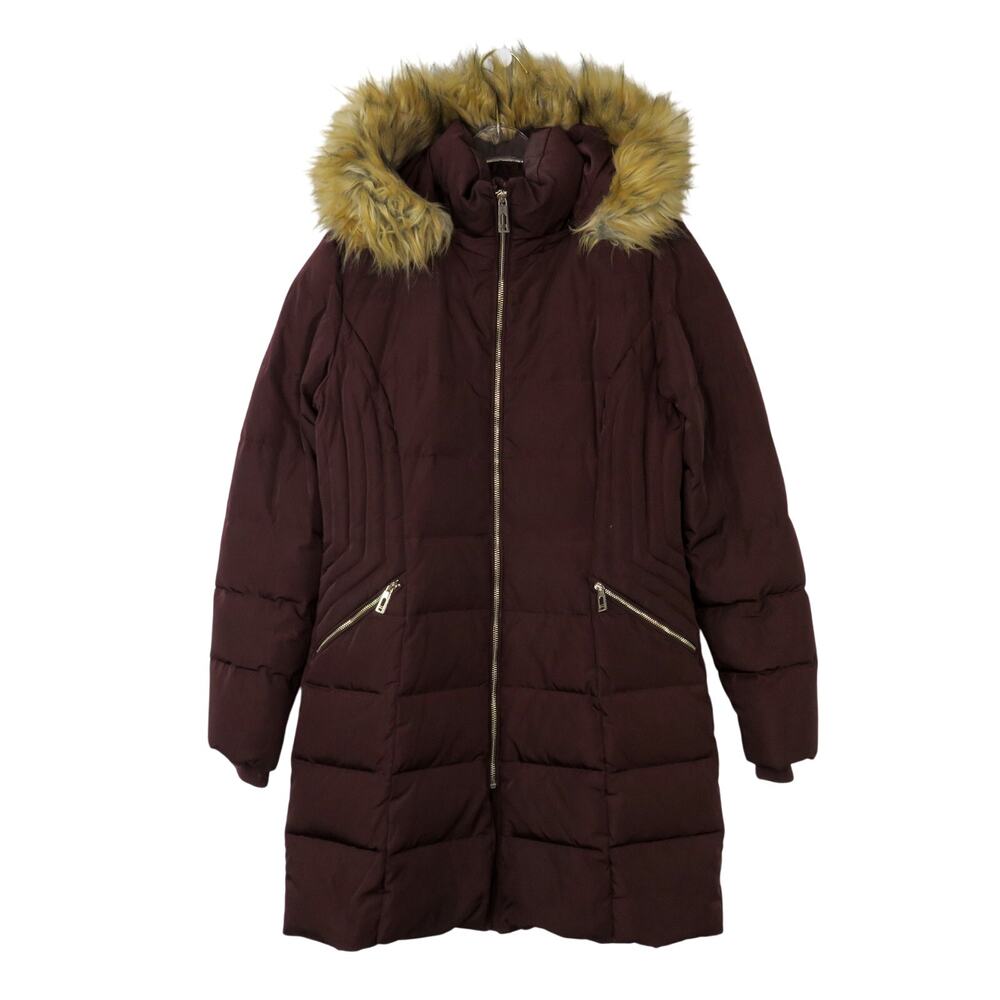 Ivanka Trump Burgundy Puffer Coat Down Hooded Coat Faux Fur Hood Small - Picture 8 of 8